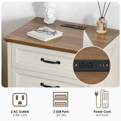 Hommpa Farmhouse 3 Drawers Nightstand with Charging Station, Rustic Wood Night Stand with Drawers for Bedroom, Vintage Bedside Table Small Dresser Chest of Drawers for Living Room, White