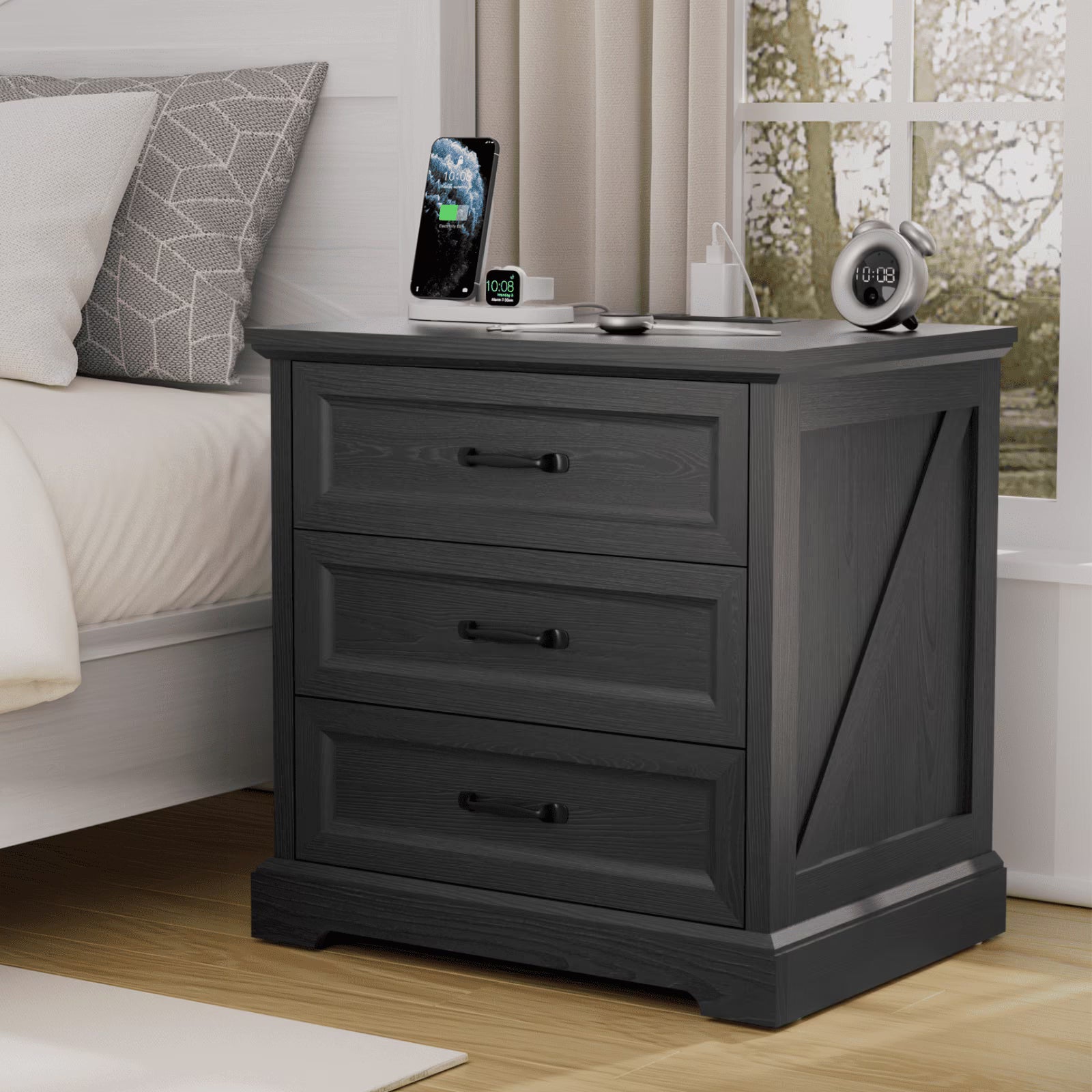 Hommpa Farmhouse 3 Drawers Nightstand with Charging Station, Rustic Wood Night Stand with Drawers for Bedroom, Vintage Bedside Table Small Dresser Chest of Drawers for Living Room, White