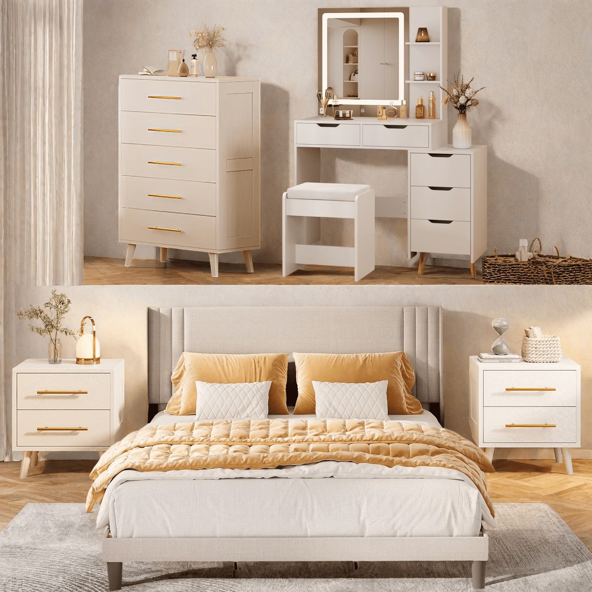 Bedroom Furniture Set with Queen Bed Frame, 2 Nightstands, 5-Drawer Dresser and Vanity Desk, Modern Beige/White Storage Set