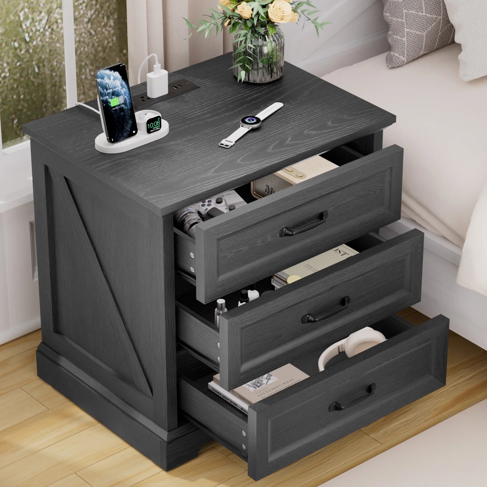 Hommpa Farmhouse 3 Drawers Nightstand with Charging Station, Rustic Wood Night Stand with Drawers for Bedroom, Vintage Bedside Table Small Dresser Chest of Drawers for Living Room, White