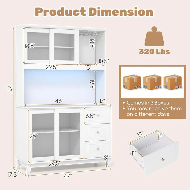 73" Kitchen Pantry Storage Cabinet with LED Lights & Power Outlet, Kitchen Hutch Buffet Cabinet for Dining Room