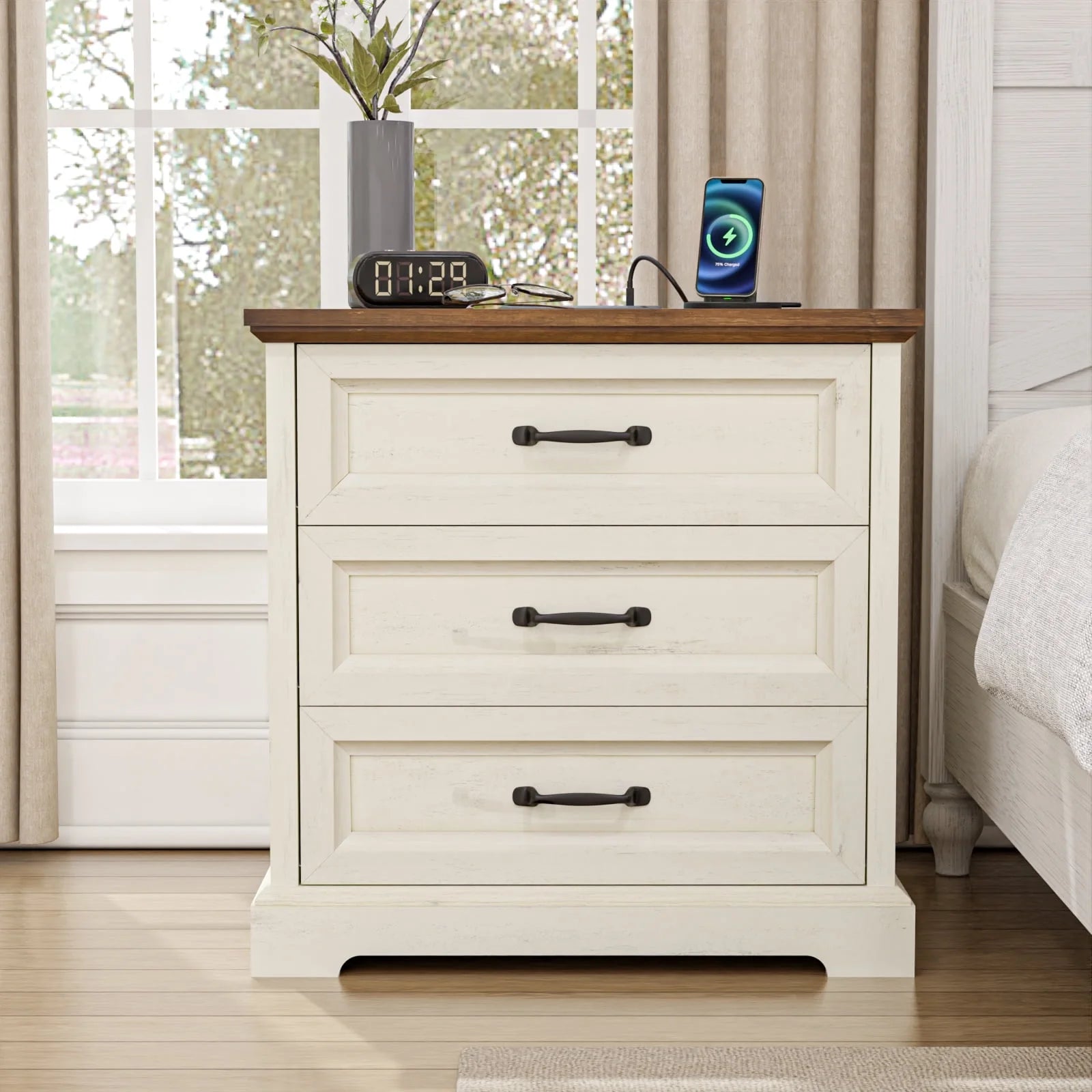 Hommpa Farmhouse 3 Drawers Nightstand with Charging Station, Rustic Wood Night Stand with Drawers for Bedroom, Vintage Bedside Table Small Dresser Chest of Drawers for Living Room, White