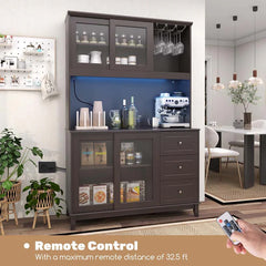 73" Kitchen Pantry Storage Cabinet with LED Lights & Power Outlet, Kitchen Hutch Buffet Cabinet for Dining Room