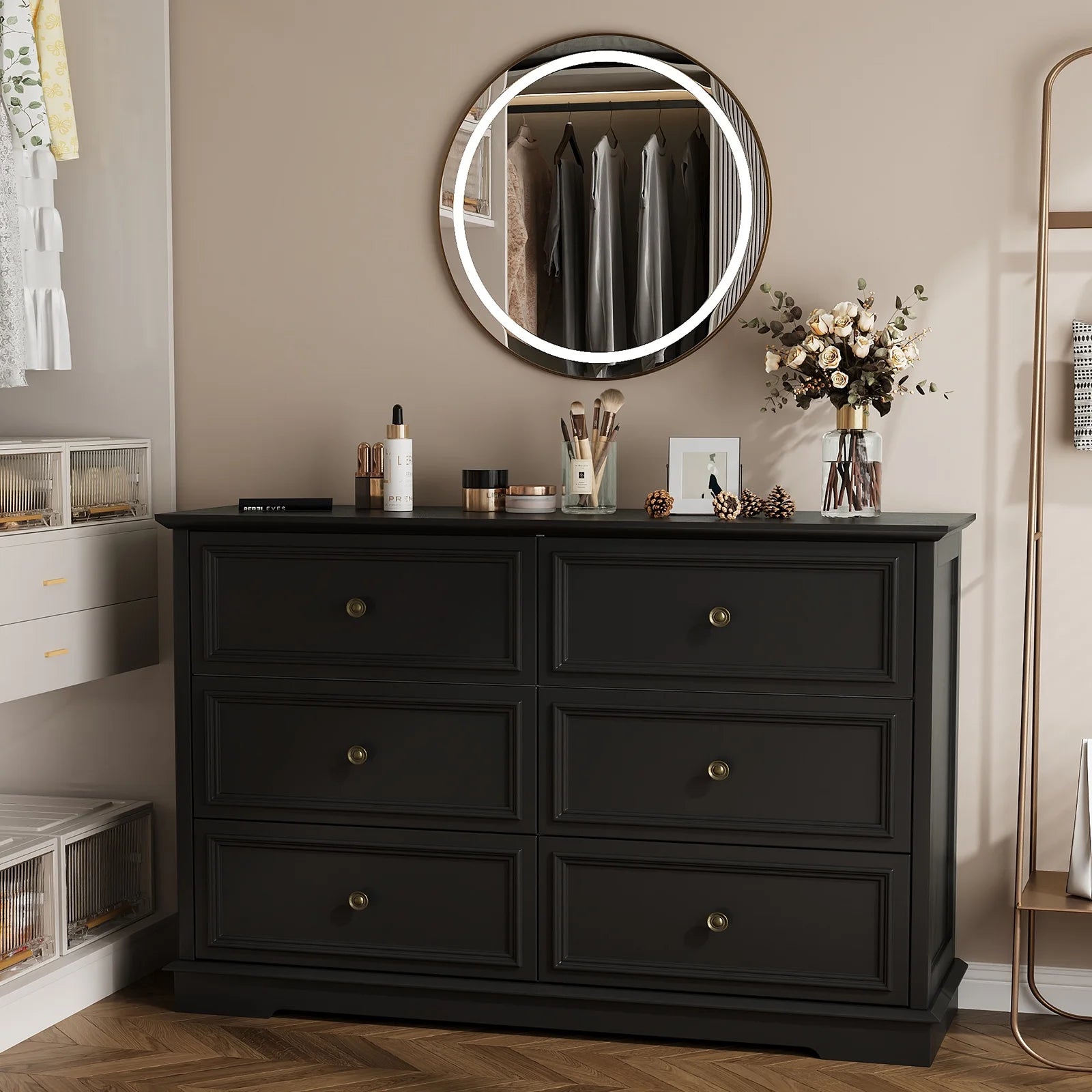 IDEALSOUL Black Dresser, 6 Drawer Dresser for Bedroom, Retro Wood Storage Cabinet for Living Room
