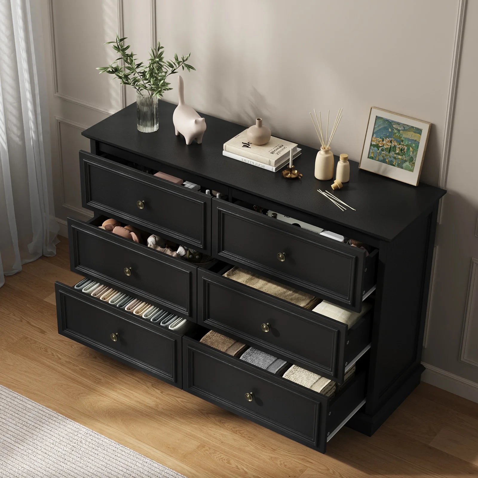 IDEALSOUL Black Dresser, 6 Drawer Dresser for Bedroom, Retro Wood Storage Cabinet for Living Room