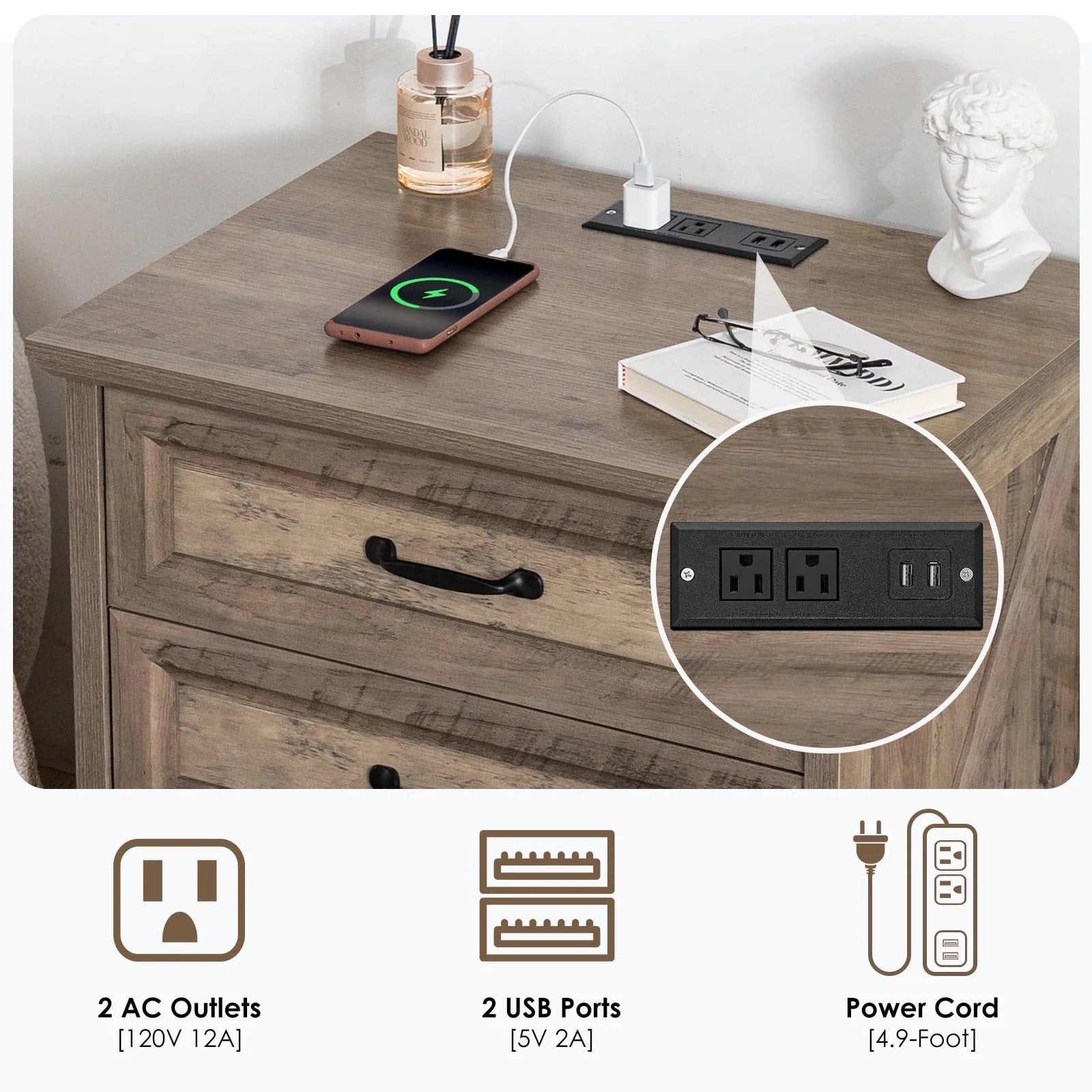 Hommpa Farmhouse 3 Drawers Nightstand with Charging Station, Rustic Wood Night Stand with Drawers for Bedroom, Vintage Bedside Table Small Dresser Chest of Drawers for Living Room, White