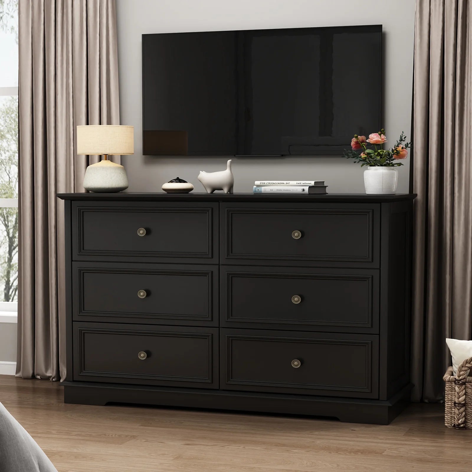 IDEALSOUL Black Dresser, 6 Drawer Dresser for Bedroom, Retro Wood Storage Cabinet for Living Room