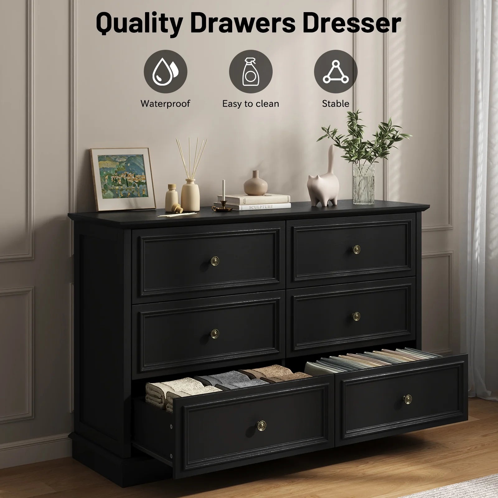 IDEALSOUL Black Dresser, 6 Drawer Dresser for Bedroom, Retro Wood Storage Cabinet for Living Room