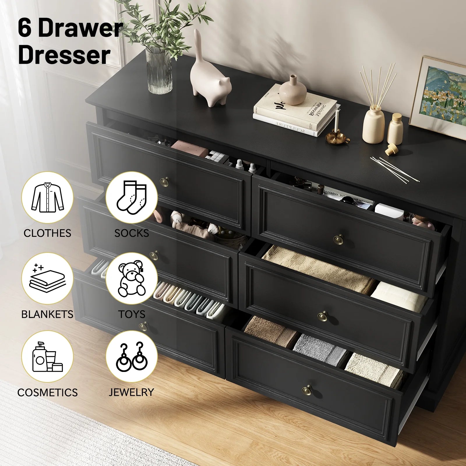 IDEALSOUL Black Dresser, 6 Drawer Dresser for Bedroom, Retro Wood Storage Cabinet for Living Room
