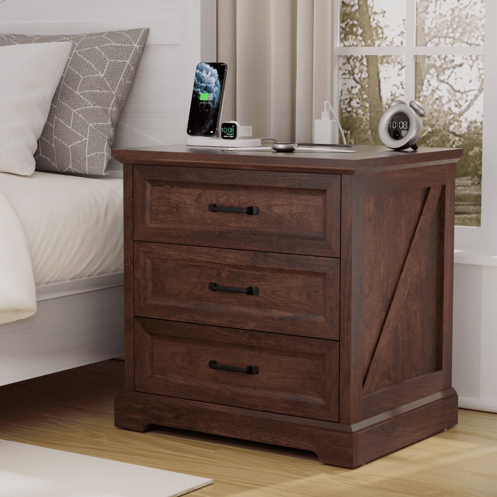 Hommpa Farmhouse 3 Drawers Nightstand with Charging Station, Rustic Wood Night Stand with Drawers for Bedroom, Vintage Bedside Table Small Dresser Chest of Drawers for Living Room, White