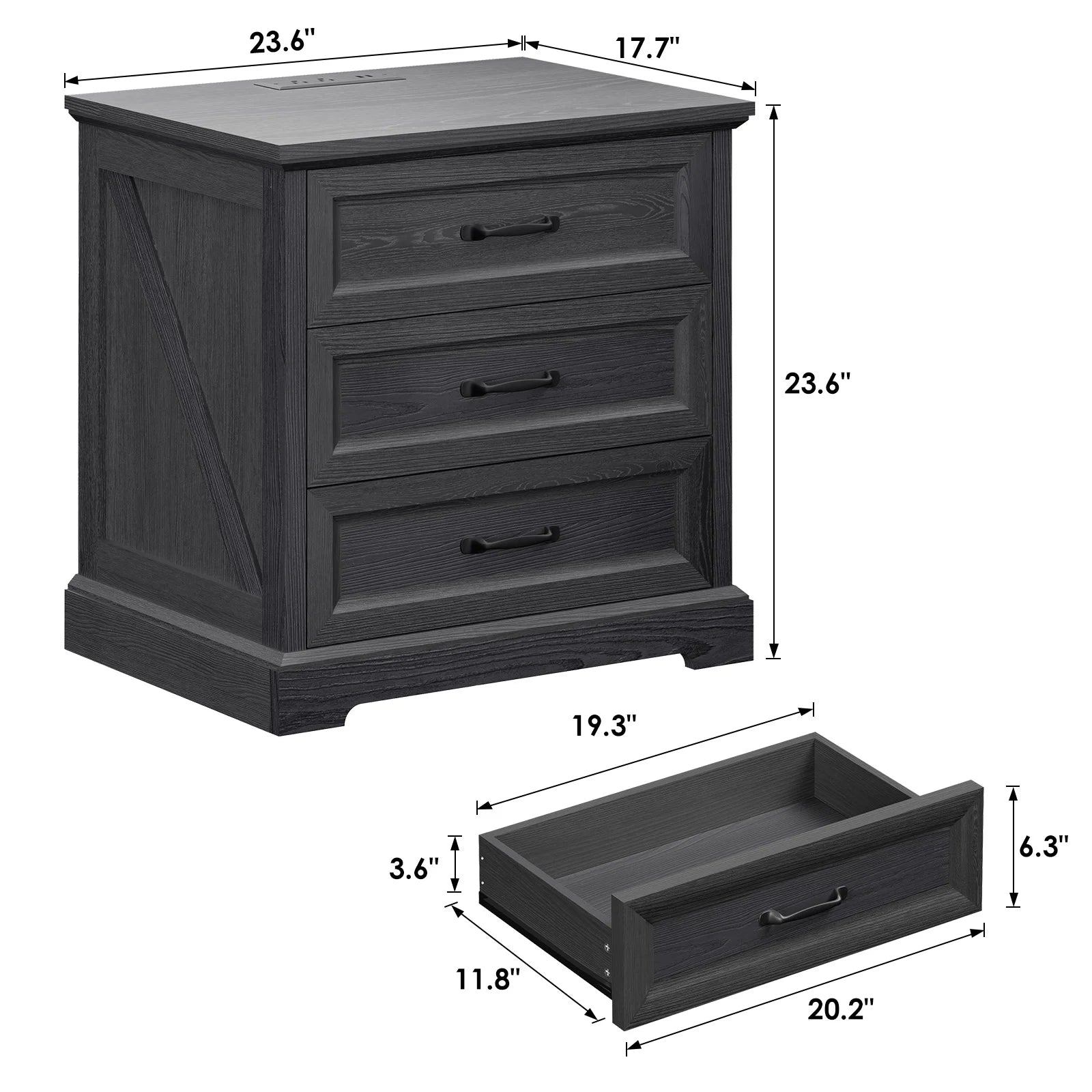 Hommpa Farmhouse 3 Drawers Nightstand with Charging Station, Rustic Wood Night Stand with Drawers for Bedroom, Vintage Bedside Table Small Dresser Chest of Drawers for Living Room, White