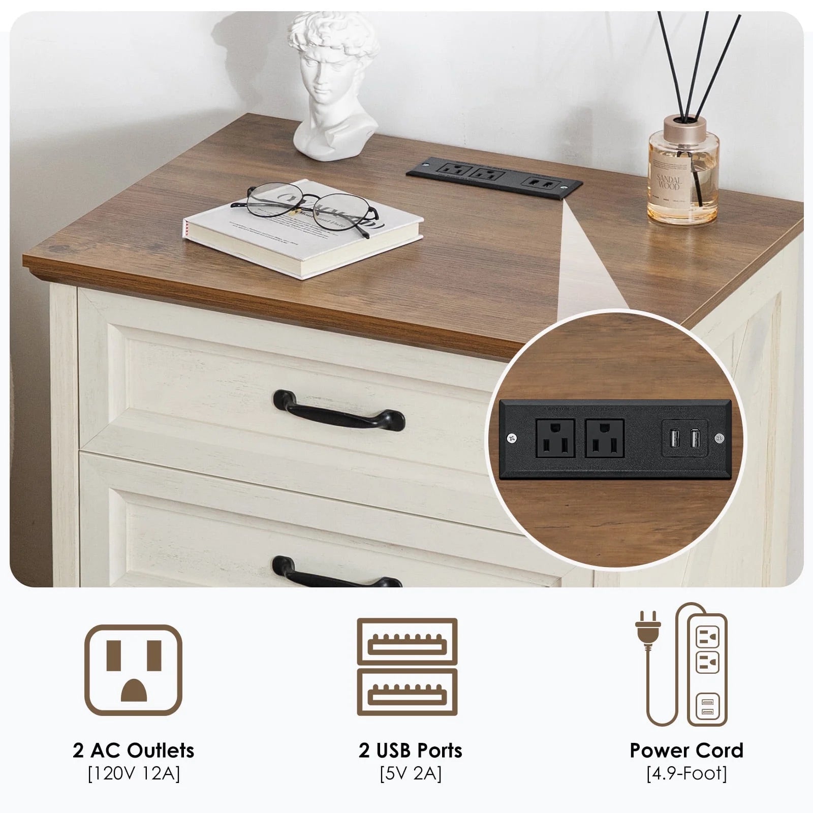 Hommpa Farmhouse 3 Drawers Nightstand with Charging Station, Rustic Wood Night Stand with Drawers for Bedroom, Vintage Bedside Table Small Dresser Chest of Drawers for Living Room, White