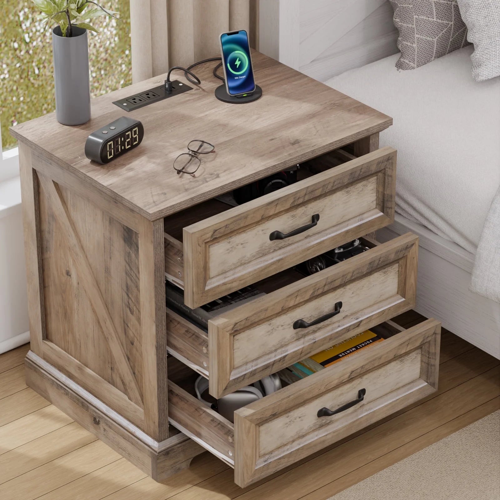 Hommpa Farmhouse 3 Drawers Nightstand with Charging Station, Rustic Wood Night Stand with Drawers for Bedroom, Vintage Bedside Table Small Dresser Chest of Drawers for Living Room, White