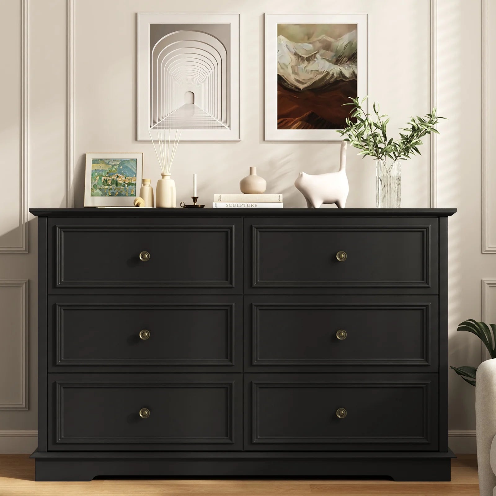 IDEALSOUL Black Dresser, 6 Drawer Dresser for Bedroom, Retro Wood Storage Cabinet for Living Room