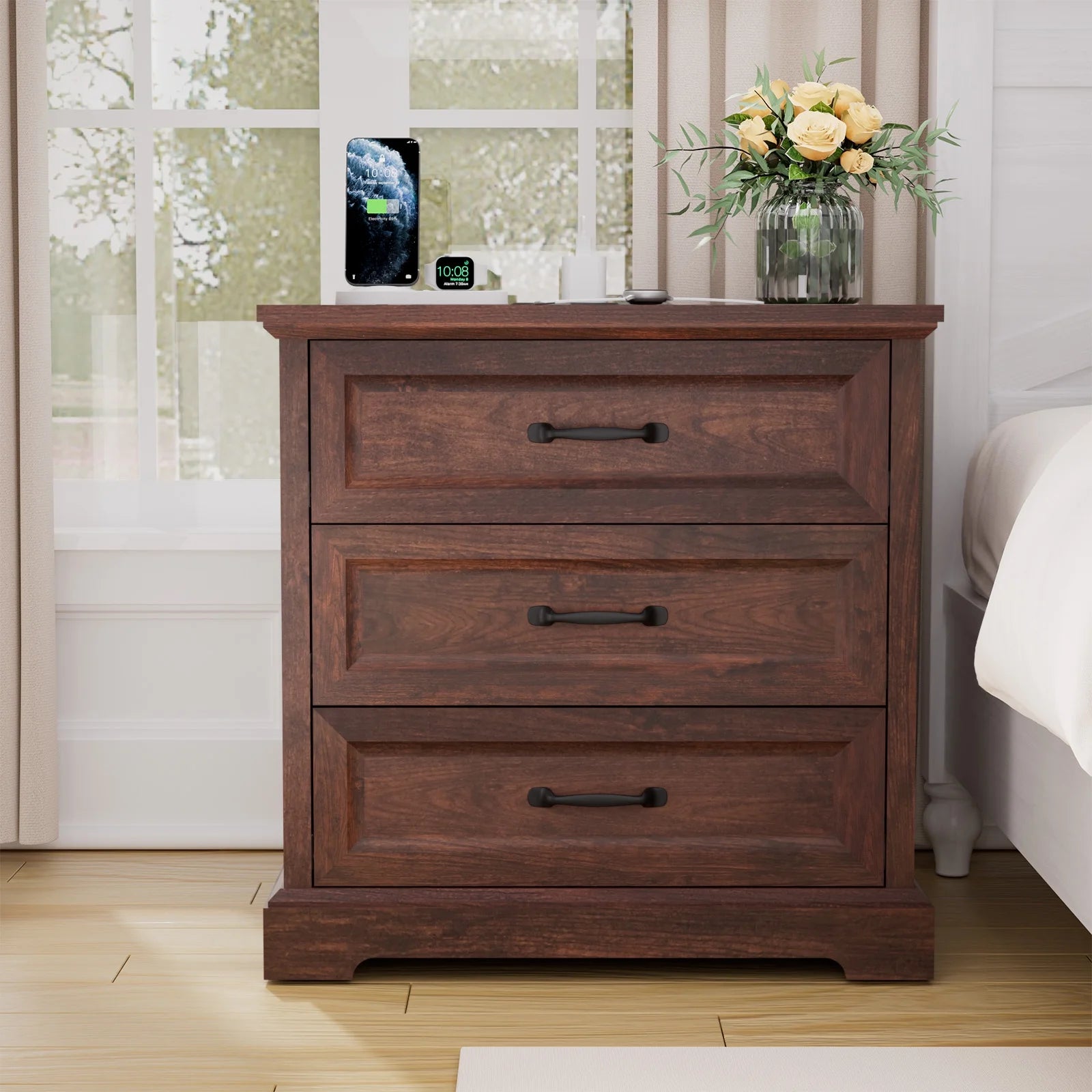 Hommpa Farmhouse 3 Drawers Nightstand with Charging Station, Rustic Wood Night Stand with Drawers for Bedroom, Vintage Bedside Table Small Dresser Chest of Drawers for Living Room, White