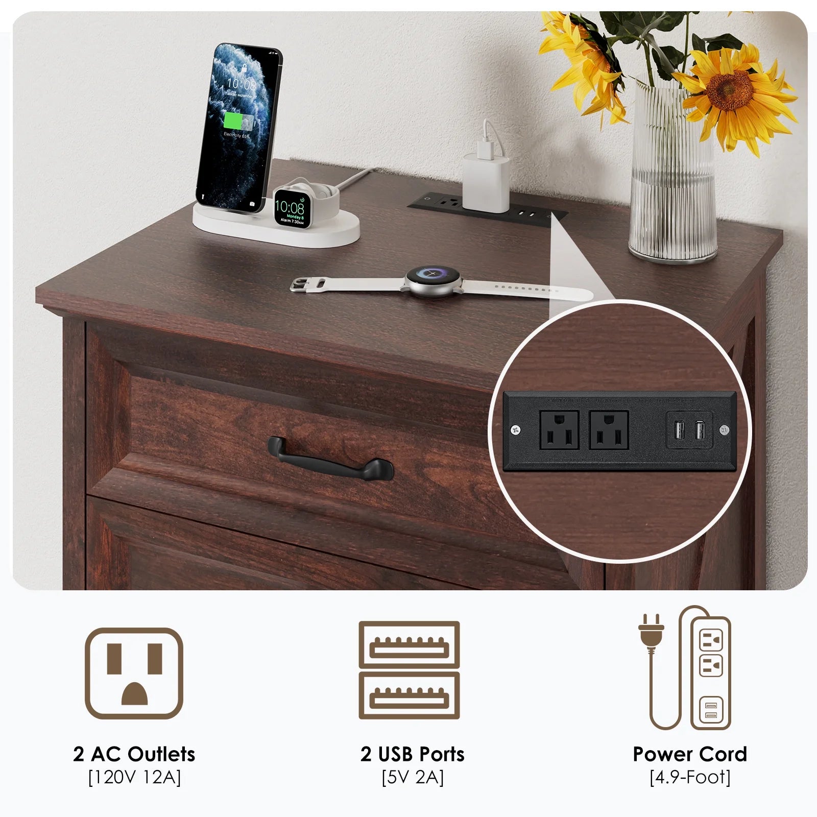 Hommpa Farmhouse 3 Drawers Nightstand with Charging Station, Rustic Wood Night Stand with Drawers for Bedroom, Vintage Bedside Table Small Dresser Chest of Drawers for Living Room, White