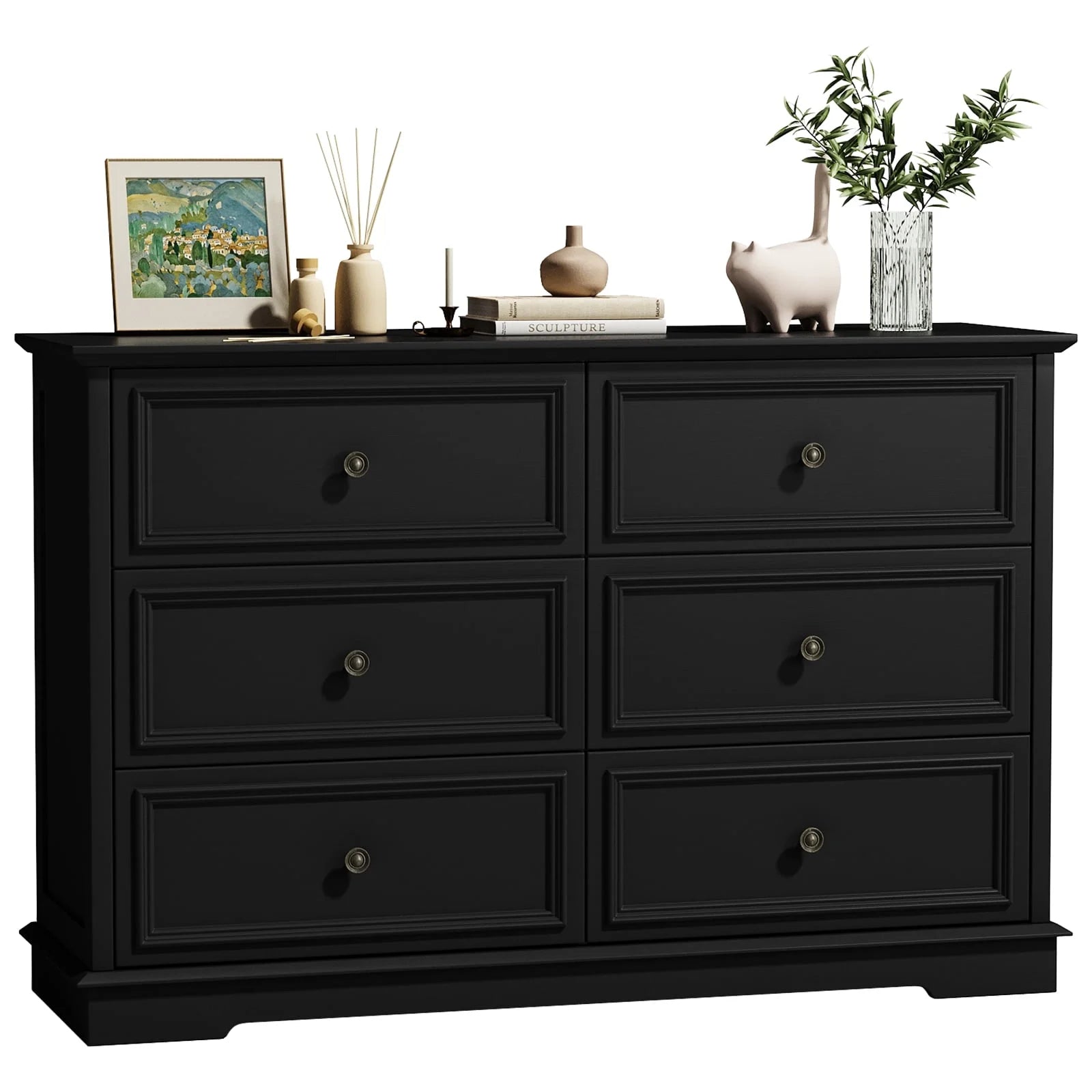 IDEALSOUL Black Dresser, 6 Drawer Dresser for Bedroom, Retro Wood Storage Cabinet for Living Room