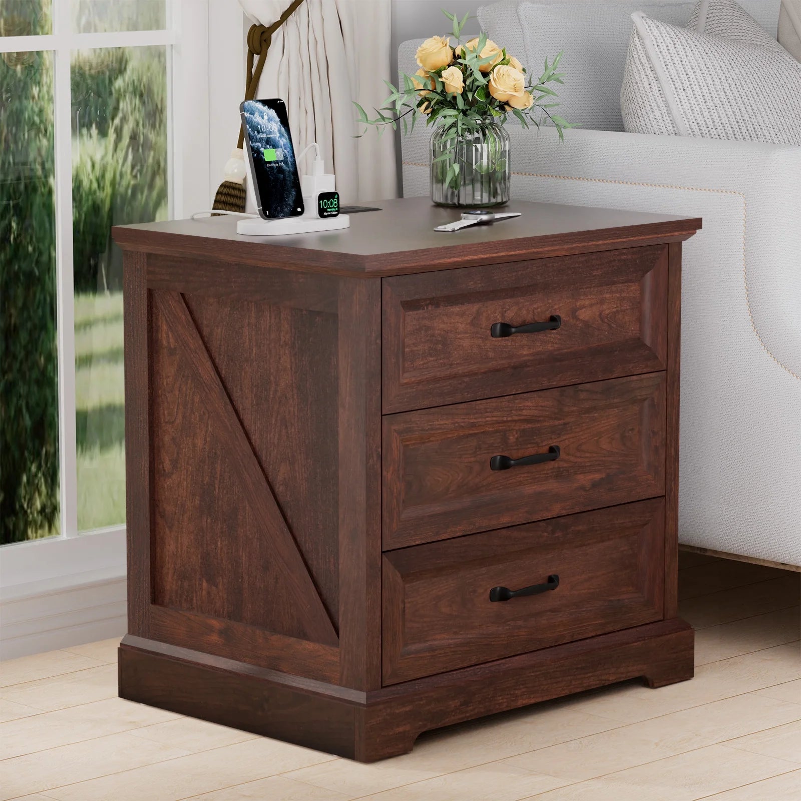 Hommpa Farmhouse 3 Drawers Nightstand with Charging Station, Rustic Wood Night Stand with Drawers for Bedroom, Vintage Bedside Table Small Dresser Chest of Drawers for Living Room, White