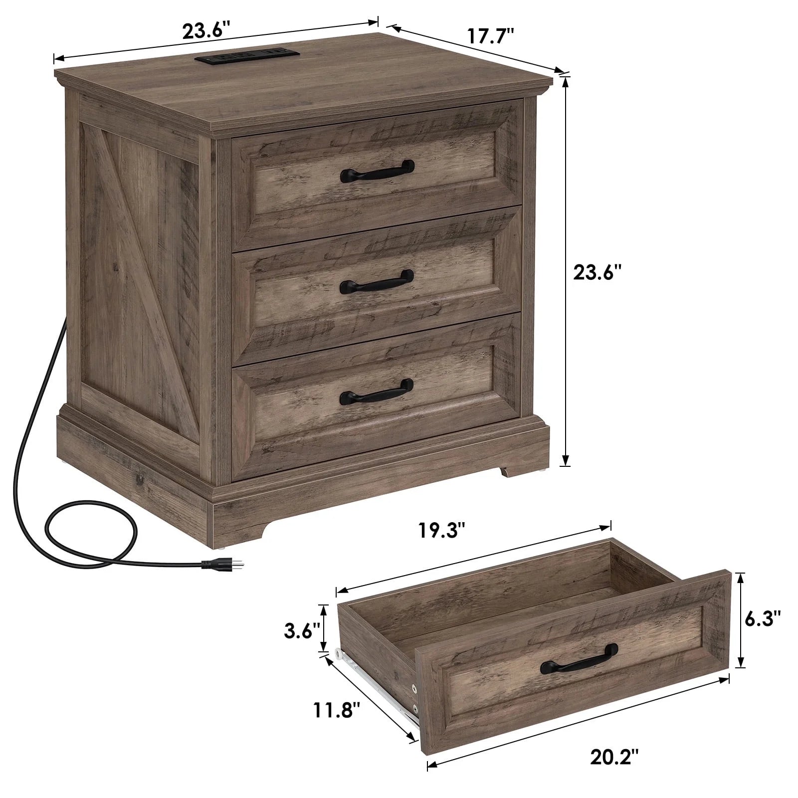 Hommpa Farmhouse 3 Drawers Nightstand with Charging Station, Rustic Wood Night Stand with Drawers for Bedroom, Vintage Bedside Table Small Dresser Chest of Drawers for Living Room, White
