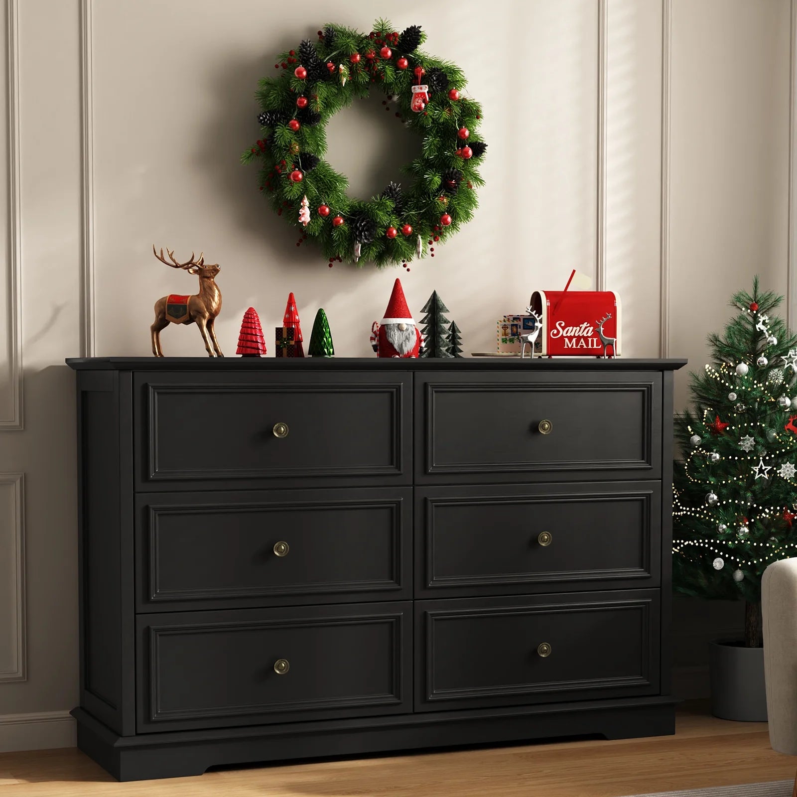 IDEALSOUL Black Dresser, 6 Drawer Dresser for Bedroom, Retro Wood Storage Cabinet for Living Room