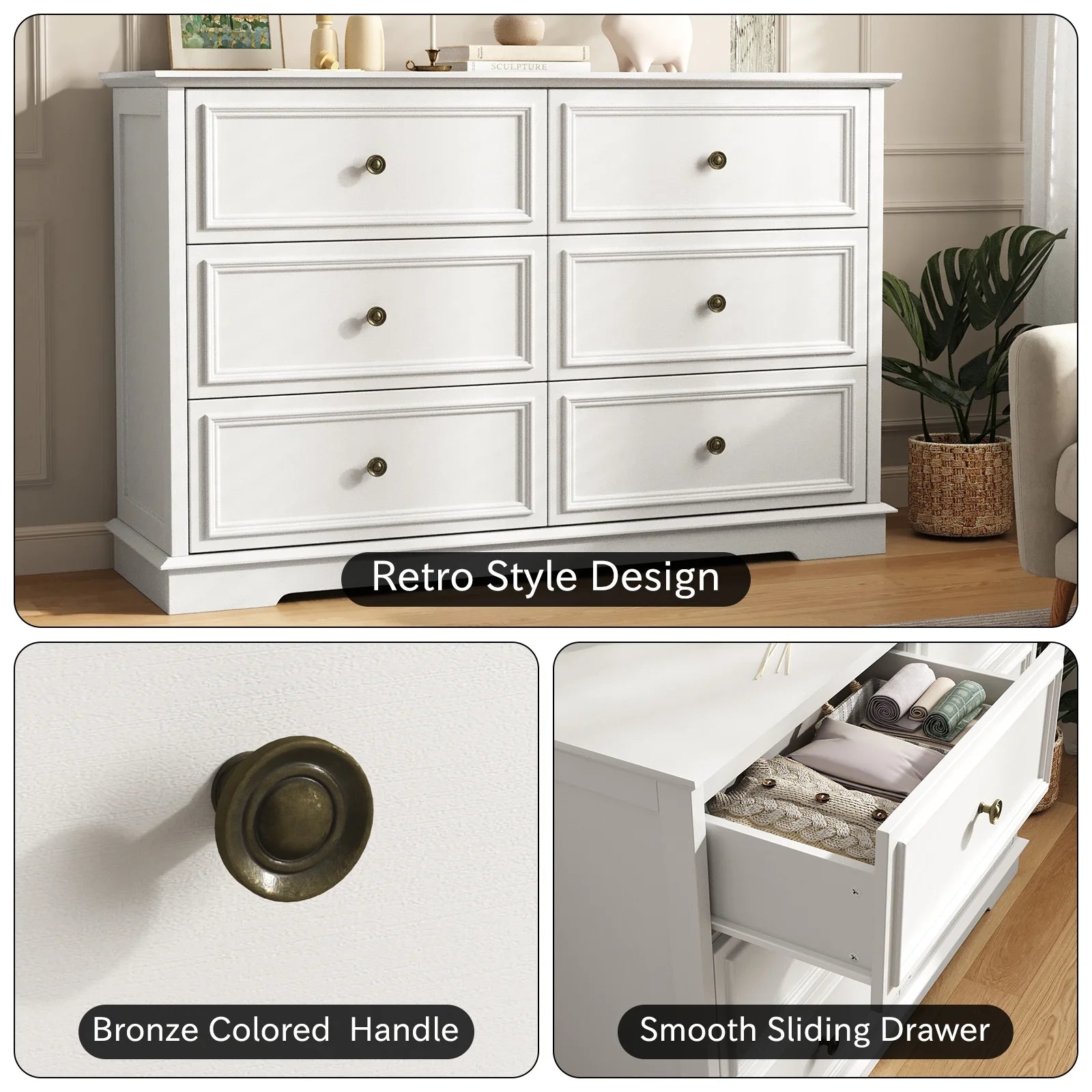 IDEALSOUL Black Dresser, 6 Drawer Dresser for Bedroom, Retro Wood Storage Cabinet for Living Room