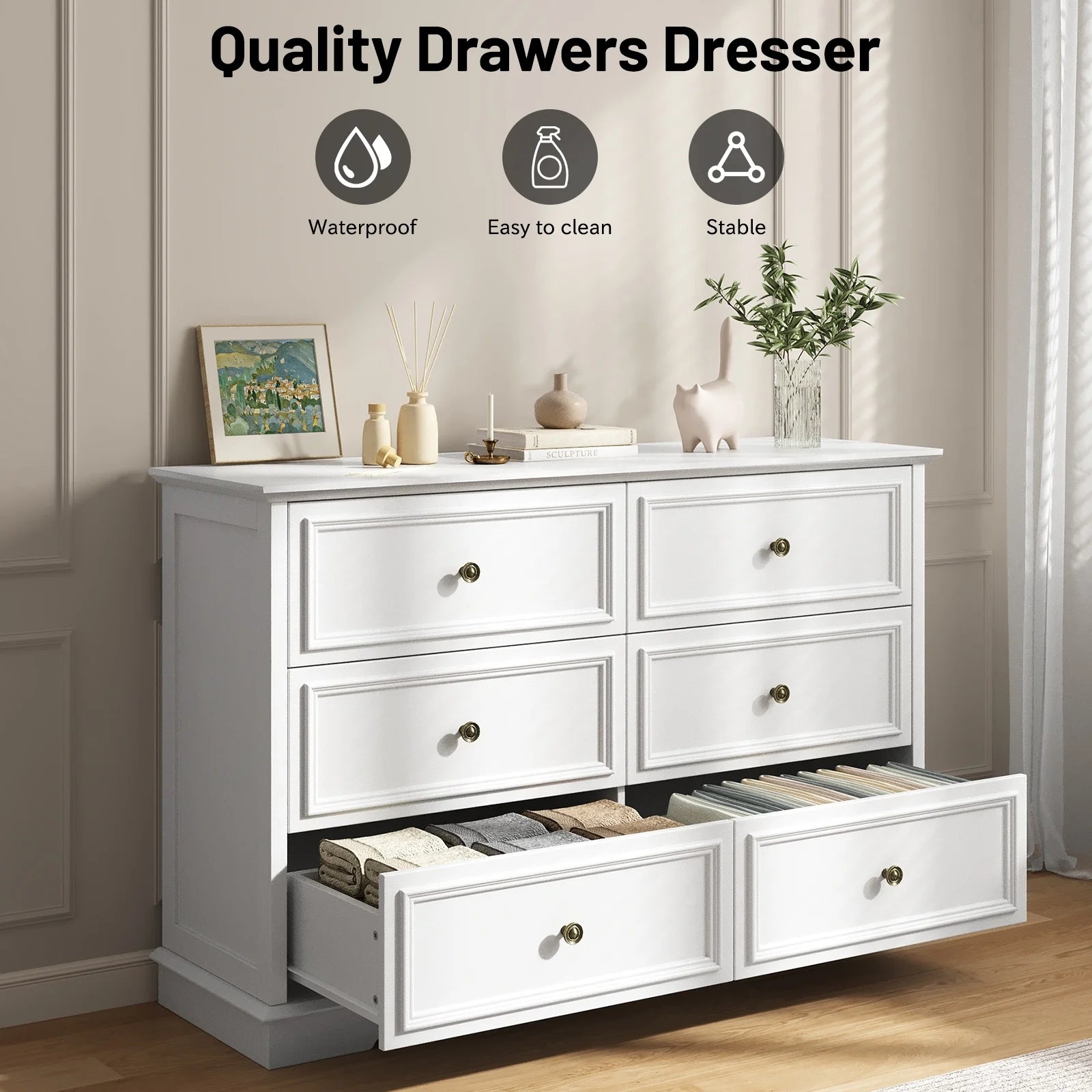 IDEALSOUL Black Dresser, 6 Drawer Dresser for Bedroom, Retro Wood Storage Cabinet for Living Room
