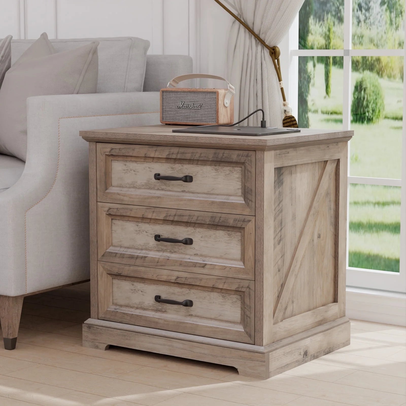 Hommpa Farmhouse 3 Drawers Nightstand with Charging Station, Rustic Wood Night Stand with Drawers for Bedroom, Vintage Bedside Table Small Dresser Chest of Drawers for Living Room, White