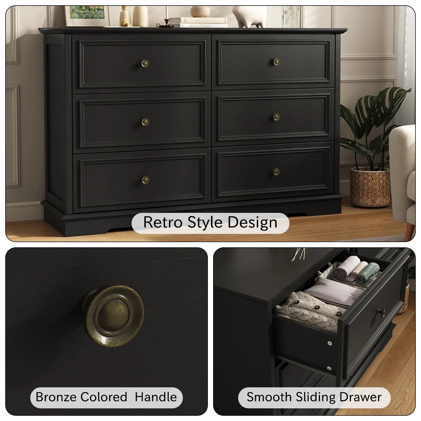 IDEALSOUL Black Dresser, 6 Drawer Dresser for Bedroom, Retro Wood Storage Cabinet for Living Room