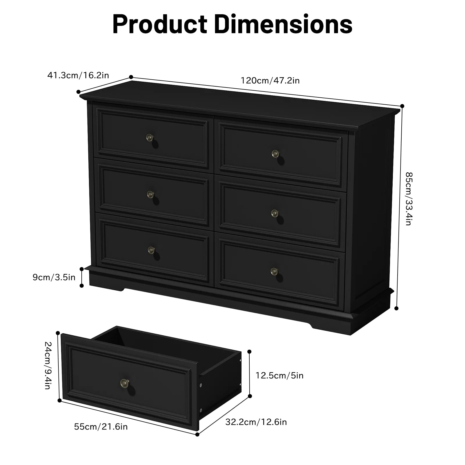 IDEALSOUL Black Dresser, 6 Drawer Dresser for Bedroom, Retro Wood Storage Cabinet for Living Room