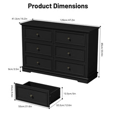 IDEALSOUL Black Dresser, 6 Drawer Dresser for Bedroom, Retro Wood Storage Cabinet for Living Room