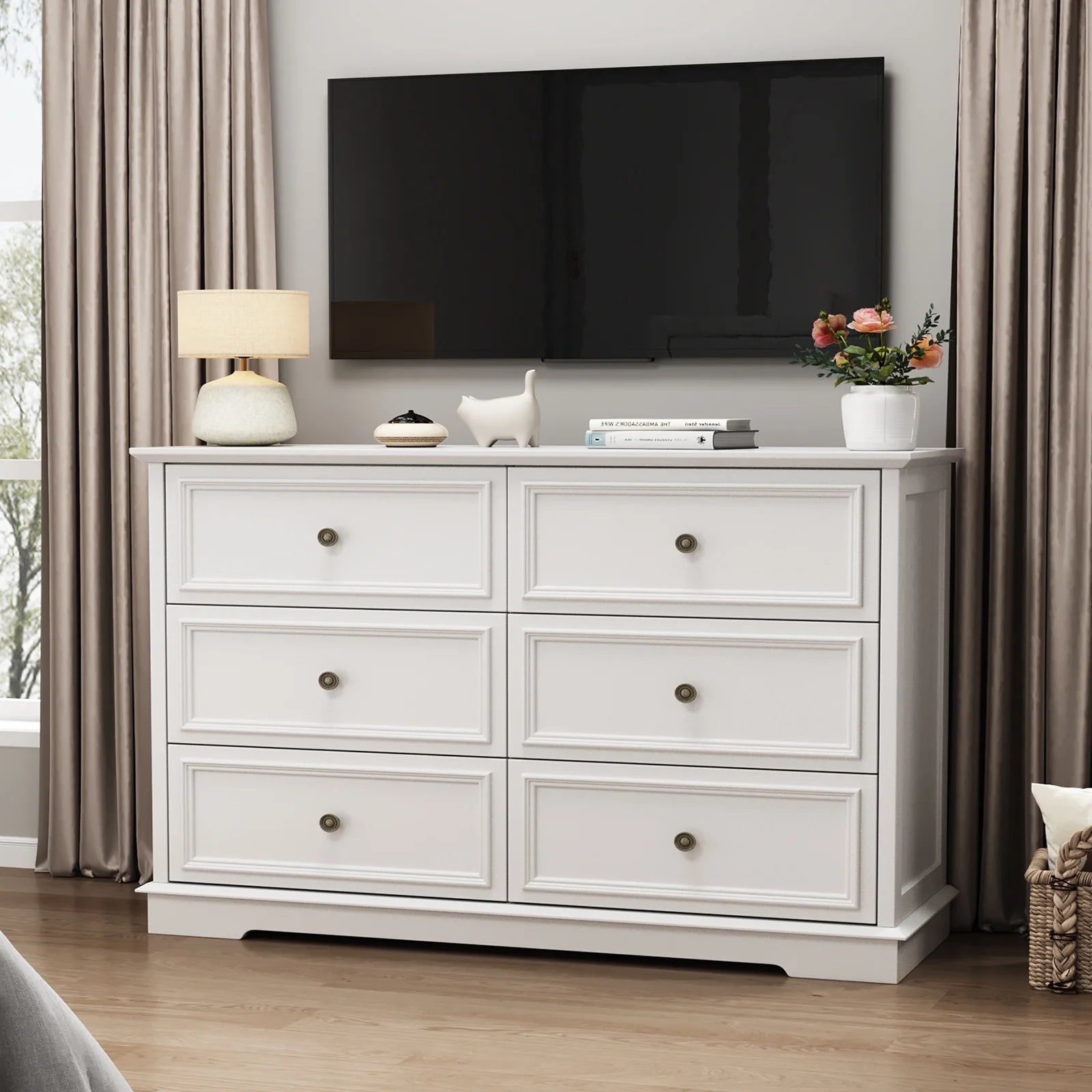 IDEALSOUL Black Dresser, 6 Drawer Dresser for Bedroom, Retro Wood Storage Cabinet for Living Room