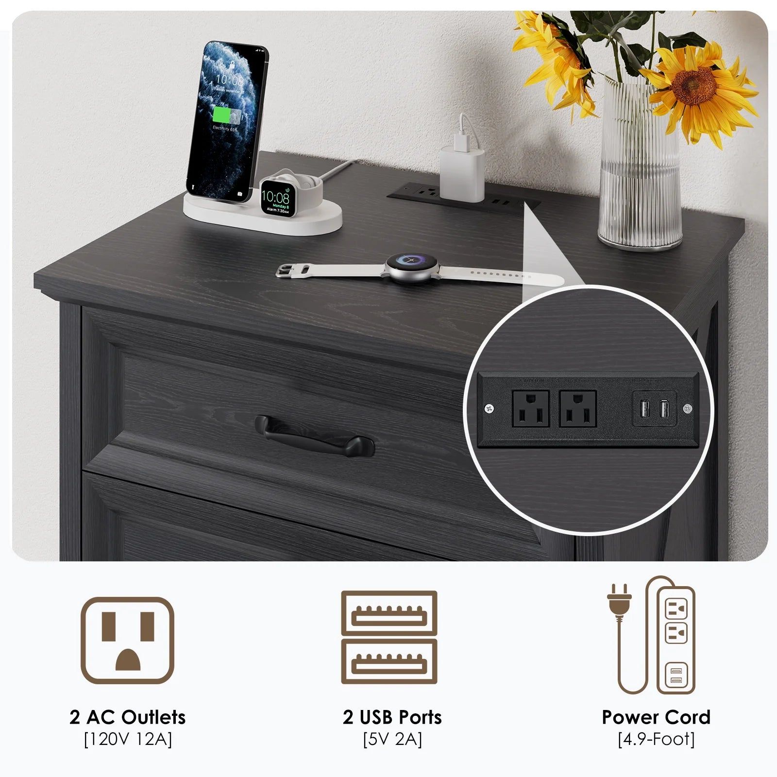 Hommpa Farmhouse 3 Drawers Nightstand with Charging Station, Rustic Wood Night Stand with Drawers for Bedroom, Vintage Bedside Table Small Dresser Chest of Drawers for Living Room, White