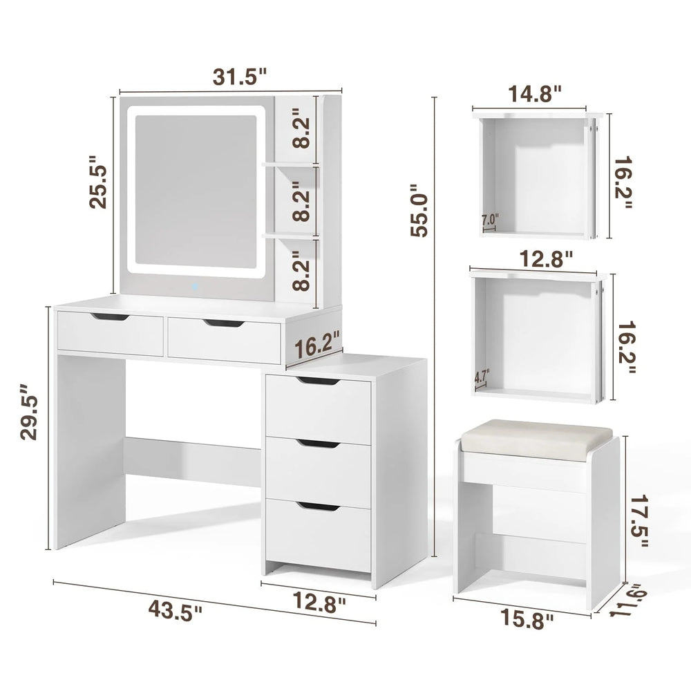 Bedroom Furniture Set - Includes Queen Bed Frame, Nightstands Set of 2, 5 - Drawer Dresser & Vanity Desk - Modern Storage Solution for Stylish Home Decor, Beige/White
