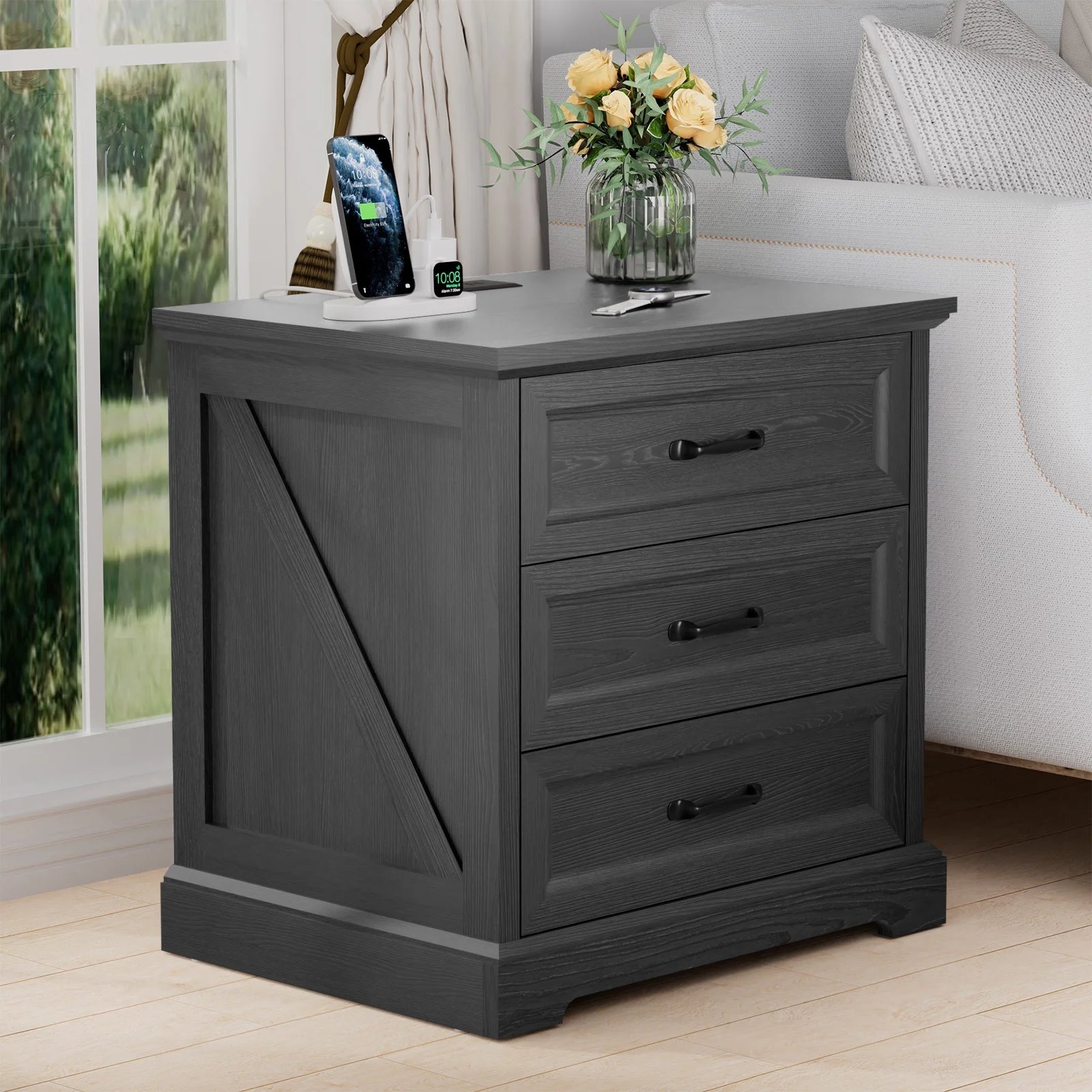 Hommpa Farmhouse 3 Drawers Nightstand with Charging Station, Rustic Wood Night Stand with Drawers for Bedroom, Vintage Bedside Table Small Dresser Chest of Drawers for Living Room, White